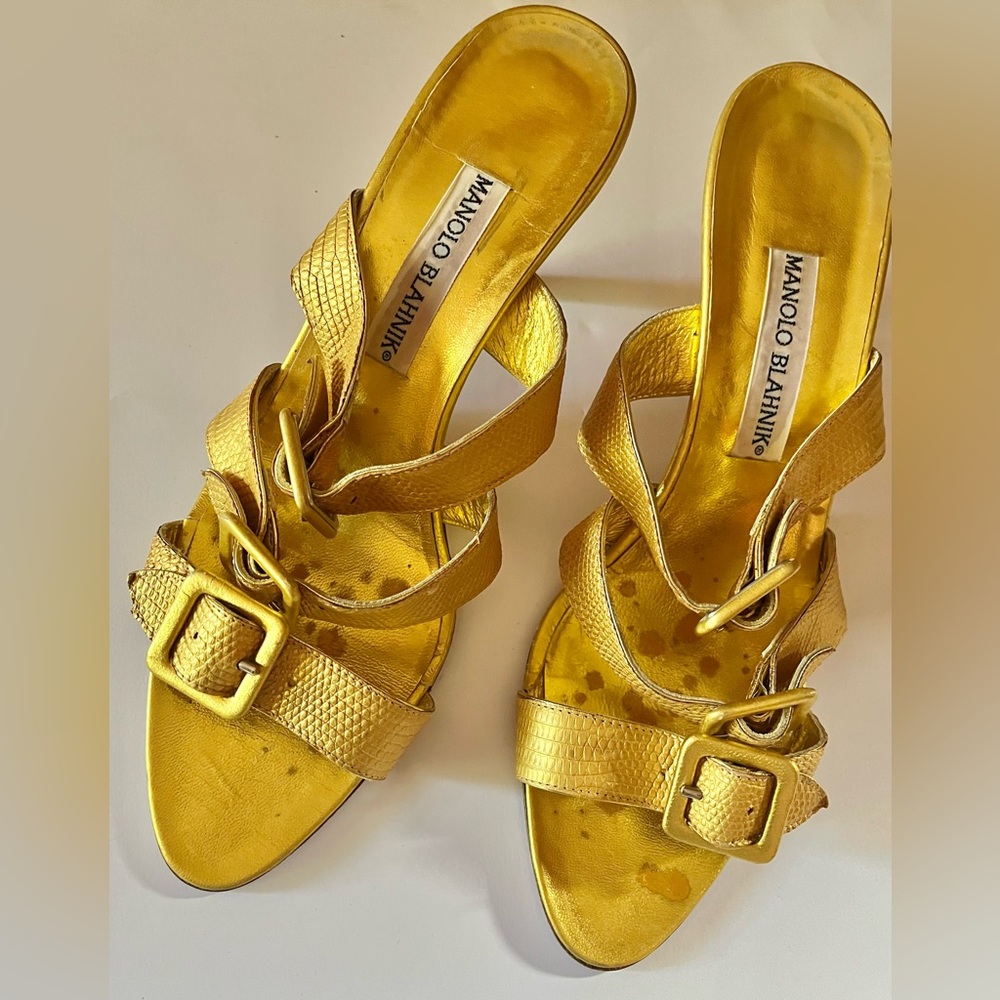 Manolo Blahnik Vintage Gold Metallic Mule Sandals - Italy